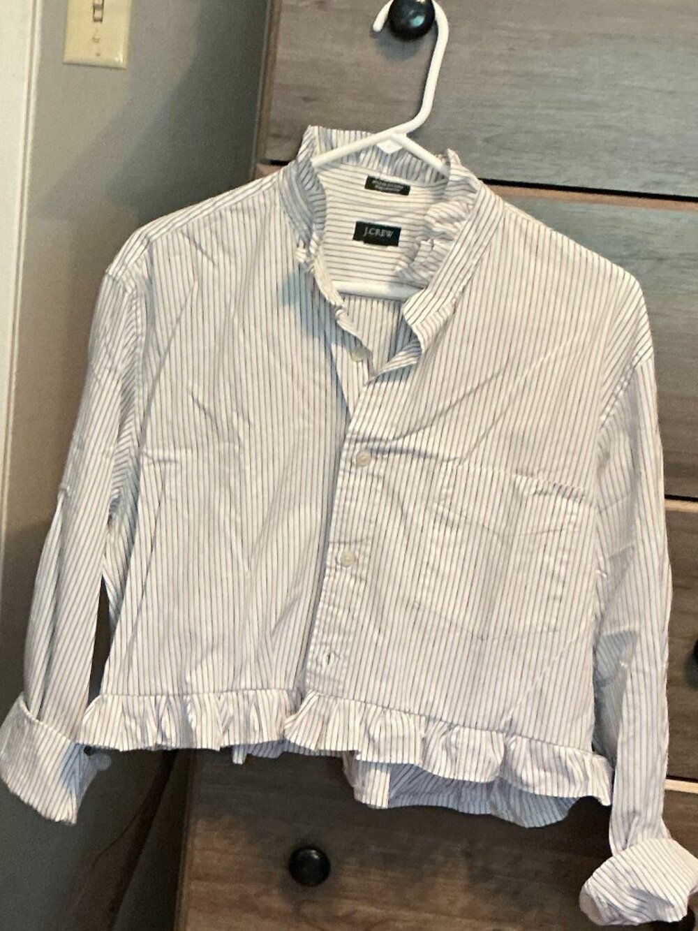 Upcycled men's shirt size Large with ruffled collar and hem - cropped